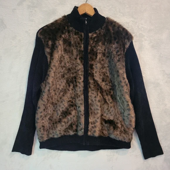 Vintage 90s Lisa International Faux Fur Leopard Chenille Zip Jacket XL - Picture 1 of 13